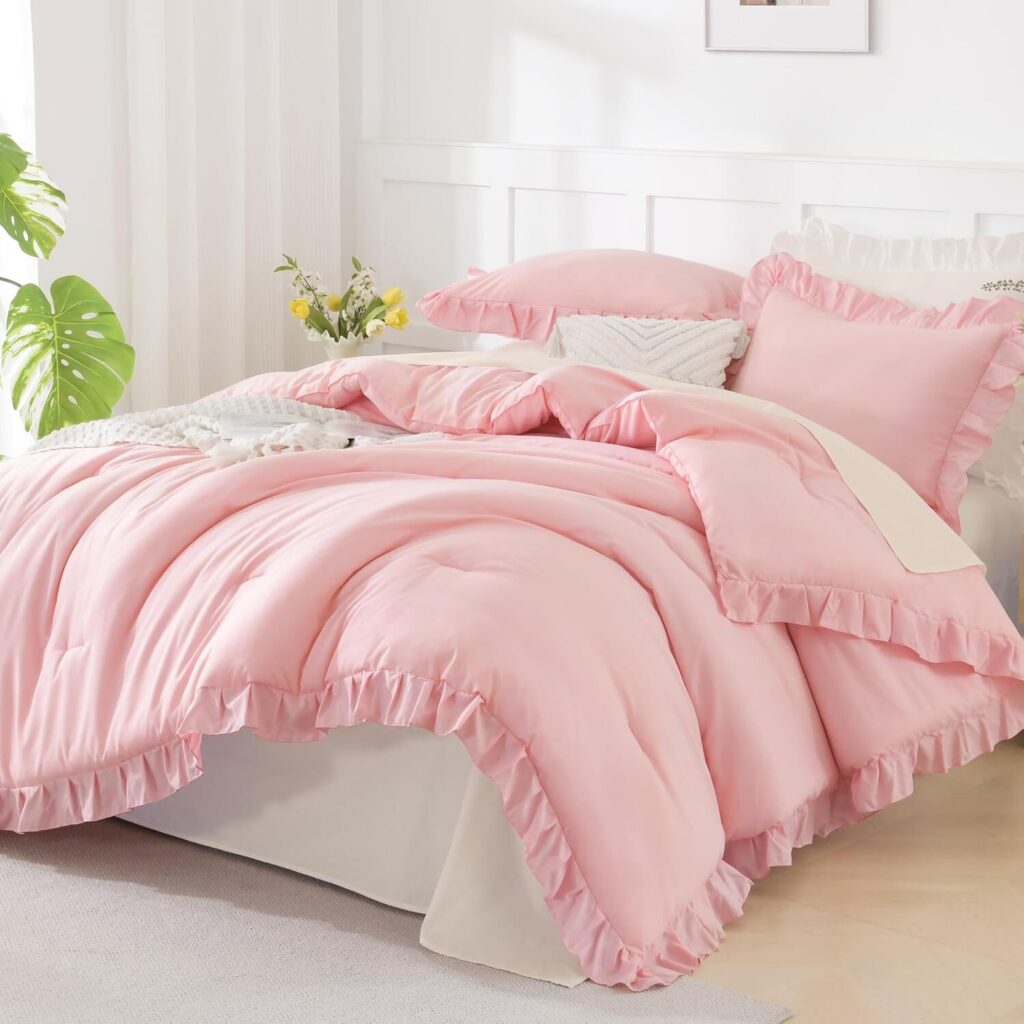 Andency 3 Piece Pink Ruffle Comforter Set – Elegant Style & All Year Softness