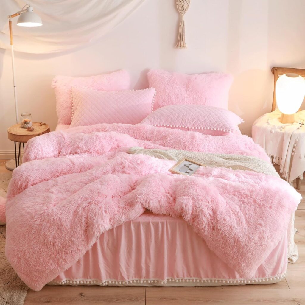 HAIHUA Fluffy Pink Faux Fur Duvet Cover Set – Cozy Shaggy Queen Bedding for Winter Comfort & Style
