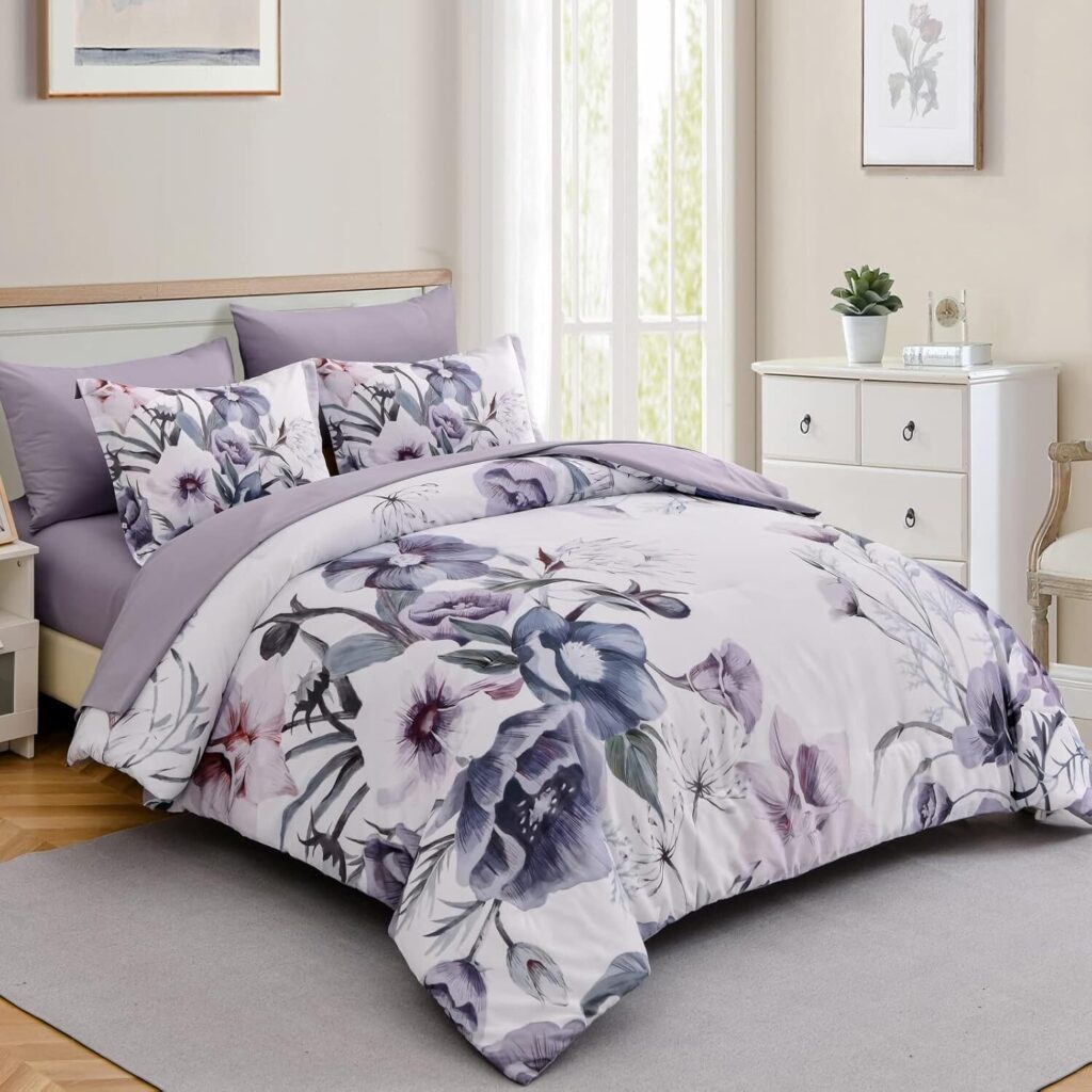 Luxudecor 7 Piece Queen Comforter Set – Elegant Purple Floral Design for Year Round Comfort