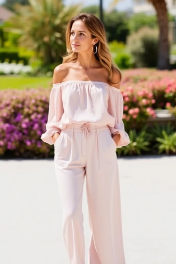 Off the Shoulder Blouse Wide Leg Pants