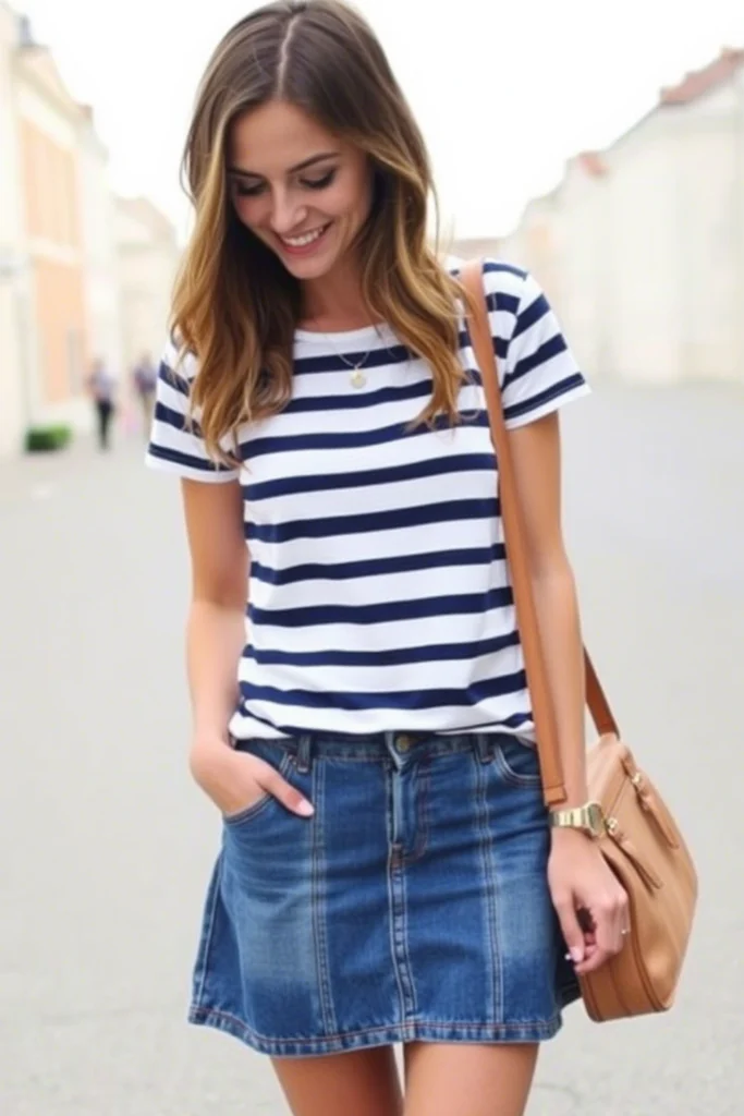 Striped Breton Tee Denim Skirt