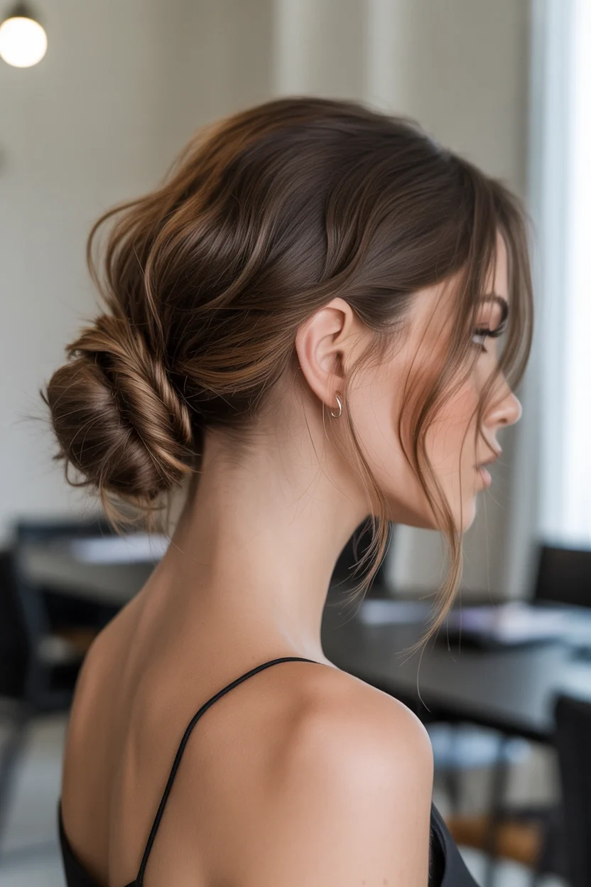 Low Messy Bun with Face Framing Layers