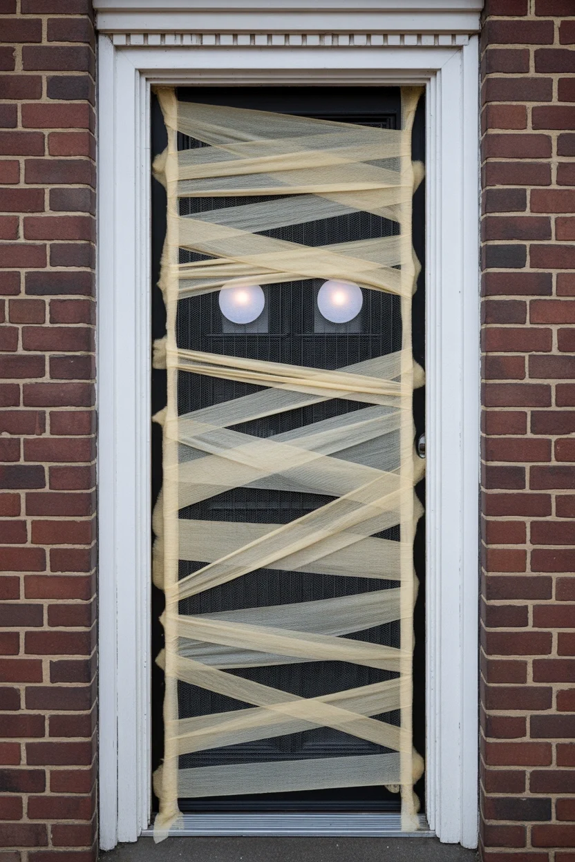 Top 15 Halloween Door Decoration Ideas That'll Make Your Neighbors Jealous 13 Mummy Door Wrap