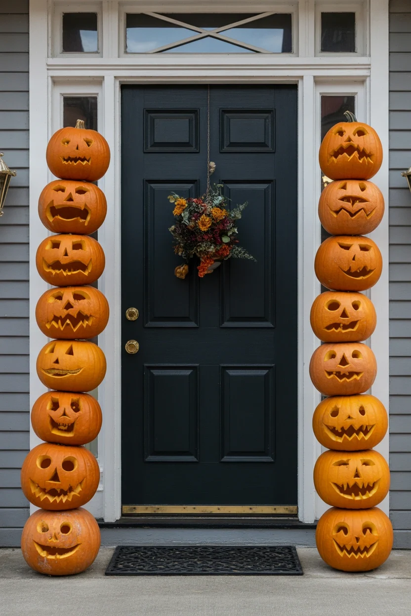 Top 15 Halloween Door Decoration Ideas That'll Make Your Neighbors Jealous 4 Stacked Pumpkin Tower