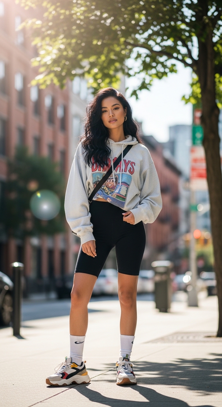 Biker Shorts and Oversized Graphic Hoodie