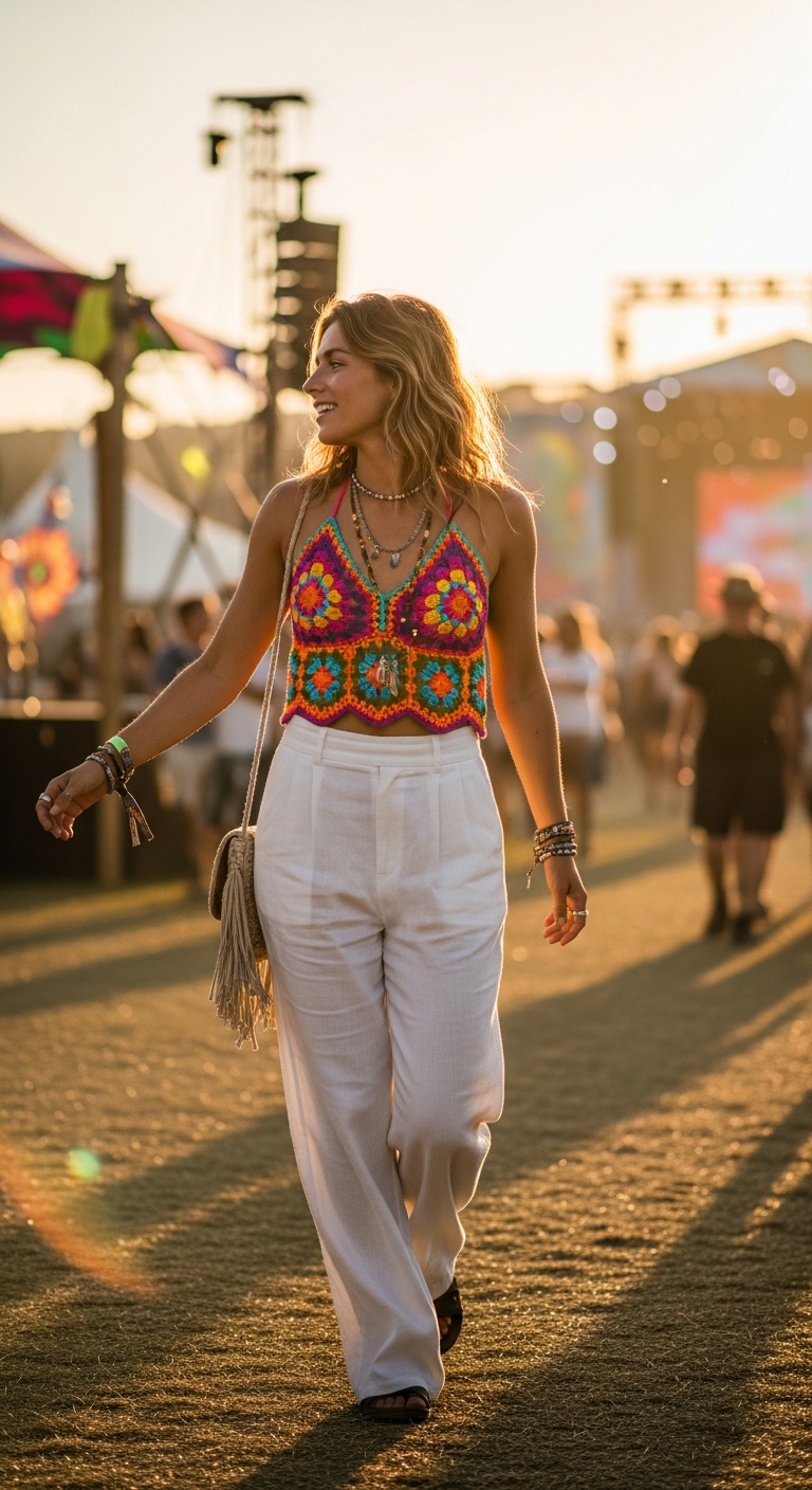 Crochet Top and Flowy Trousers