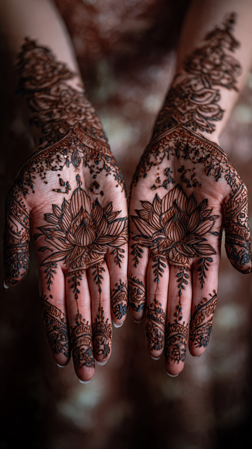 a luxurious intricate henna design featuring bloom