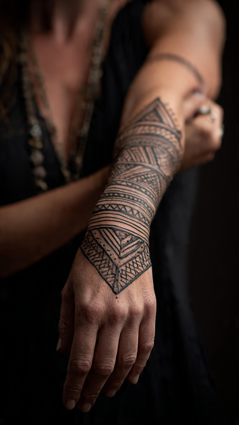 bold geometric tribal henna patterns on a womans f