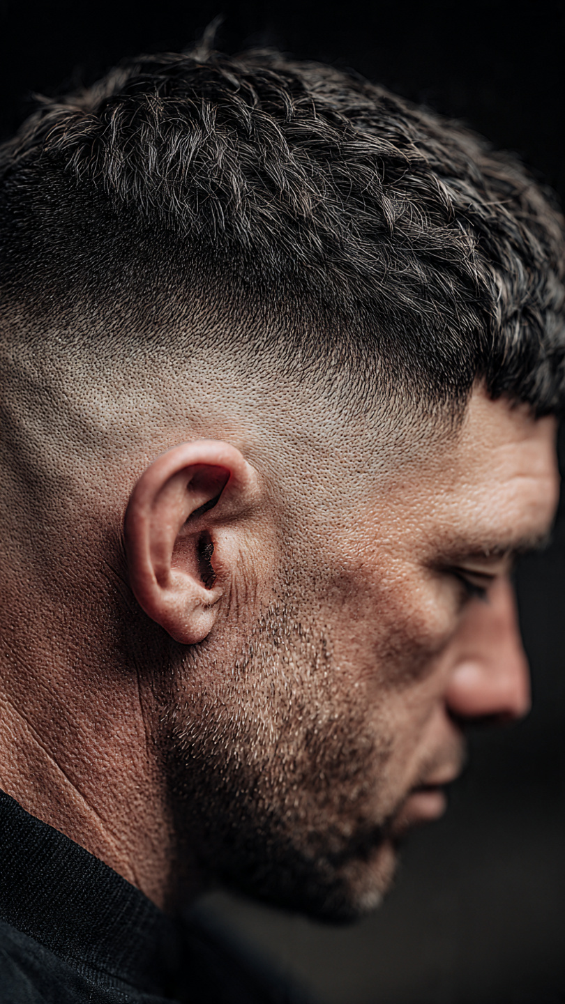 close up of a mens textured crop haircut very shor